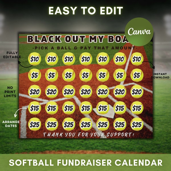 Editable Softball Fundraiser Calendar, Calendar Fundraiser, Fundraiser Calendar Printable, Softball Template, 11 x 8.5 in, Instant Download
