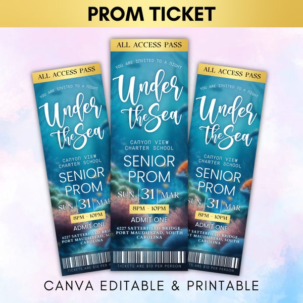 Prom Ticket Template, Prom Under The Sea Ticket, Ticket Template, Prom Under The Sea Tickets, Editable Ticket Canva Template