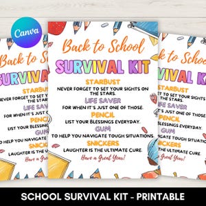 Könnte beinhalten: Drei druckbare "Back to School Survival Kit" Poster. Jedes Poster zeigt farbenfrohen Text und Illustrationen, darunter Bleistifte, Sterne und eine Schultasche. Der Text enthält ermutigende Botschaften und eine Liste von Gegenständen.