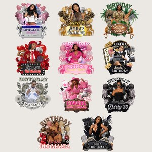 May include: A collection of birthday-themed digital designs. Each design features a person's image, decorative elements like balloons, and text such as "Amila's Birthday", "Sweet 15", "Dirty 30", and "Big Mama".
