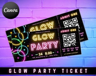 Editable Glow Party Birthday Invitation, Ticket Template, Glow Invitation, Girl, Boy, Neon Party Invite, Glow Party Template, Canva Template