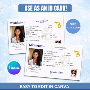 Könnte beinhalten: Eine rechteckige, neuartige Ausweiskartenvorlage mit den Maßen 3,37 x 2,12 Zoll, die den Text Michigan USA, Now Officially Legal und Gemini SZN enthält. Die Karte umfasst ein Platzhalterfoto einer Person, eine Unterschriftszeile und Datenfelder.
