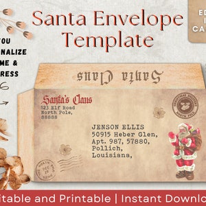Sobre de Papá Noel para Navidad, plantilla de sobre de Papá Noel, plantilla oficial de sobre de Papá Noel, correo oficial de Papá Noel, etiqueta de envío de Papá Noel