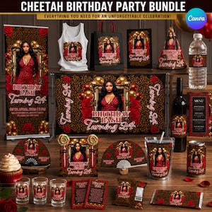 Könnte beinhalten: Ein Cheetah-Geburtstagsparty-Set mit Banner, Tanktop, Geschenktüte, Partyhut, Wasserflasche, Menükarte, Cupcake, Fächern und Snackverpackungen. Alle Artikel zeigen Leopardenmuster, rote Rosen, goldene Luftballons und den Text Birthday Bash Turning 24.