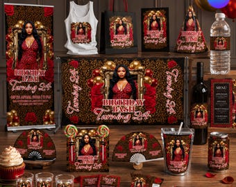 May include: A cheetah birthday party bundle featuring a banner, tank top, gift bag, party hat, water bottle, menu, cupcake, fans, and snack packaging. All items display a leopard print, red roses, gold balloons, and the text Birthday Bash Turning 24.