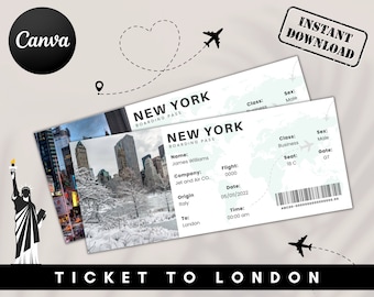 Billet pour New York, billet modifiable, carte d'embarquement cadeau, voyage à New York, carte d'embarquement surprise, faux billet d'avion, surprise de vacances