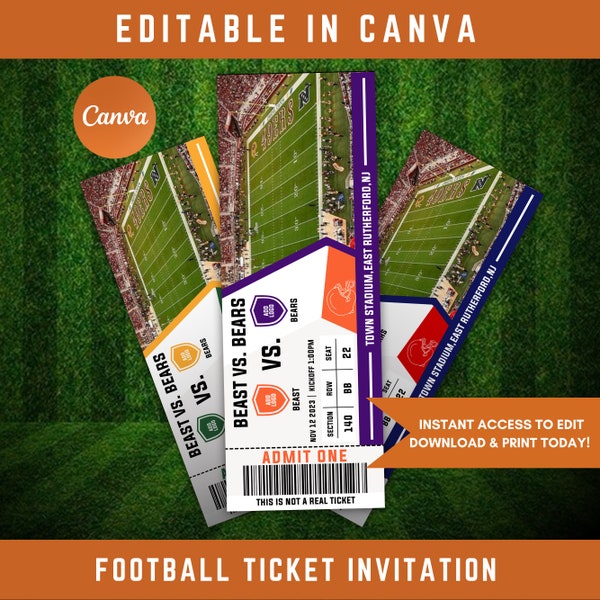 Customized Football Ticket Template, Perfect Way To Give Digital Football Tickets as a Gift, Ticket Template, Football Invitation