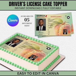 May include: A rectangular cake decorated with a Georgia driver's license graphic featuring a peach illustration, a portrait of a man in a suit, and text including 'GEORGIA DRIVER'S LICENCE'. The cake has light green piped frosting along the top edge.