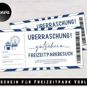 May include: A blue and white striped printable gift certificate template with the text "Uberraschung!" and "Gutschein" for a visit to an amusement park. The text "Von Lena", "An Martin", and "Datum: 19-05-24" is included on the template.