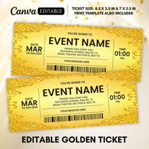 Golden Ticket Template, Printable Golden Ticket Editable Template, Golden Event Ticket, Custom Ticket Invitation, Golden Voucher Template