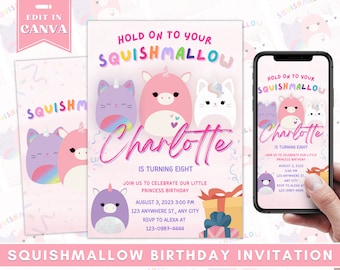 Squishmallow Birthday Invitation, Squishmallow Editable Invitation, Printable Squishmallow Birthday Invitation, Squishy Party Canva Template