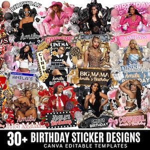 発泡スチロールカップステッカー、30種類以上の誕生日ステッカー、誕生日デザインテンプレートバンドル、Tシャツデザイン、編集可能なピンクのチーター、カウガール、カジノ、Y2Kデザイン