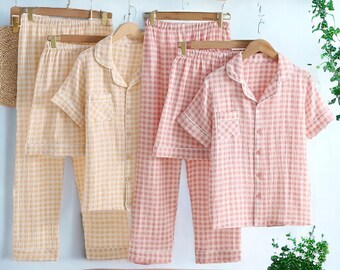 Conjunto de pijama de gasa de algodón de tres piezas / Pijama de pareja para mujeres/hombres / Ropa de salón de verano / Pijama a cuadros / Ropa de hogar de primavera / Despedida de soltero