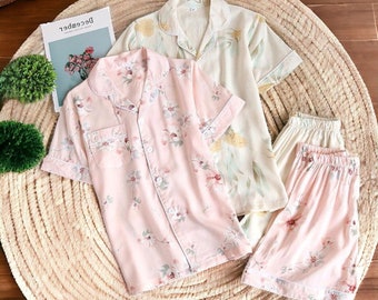 Flower Printed Pajama Set | Women Cotton-Silk Pajama Set | Short Sleeve+Shorts Sleepwear | Summer Loungewear | Bridesmaid Pajama Set