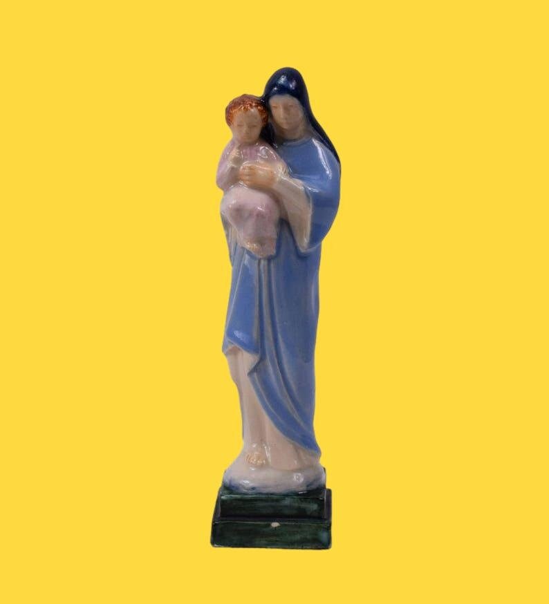 statue en Céramique Vintage Vierge à L'enfant Marie Jésus