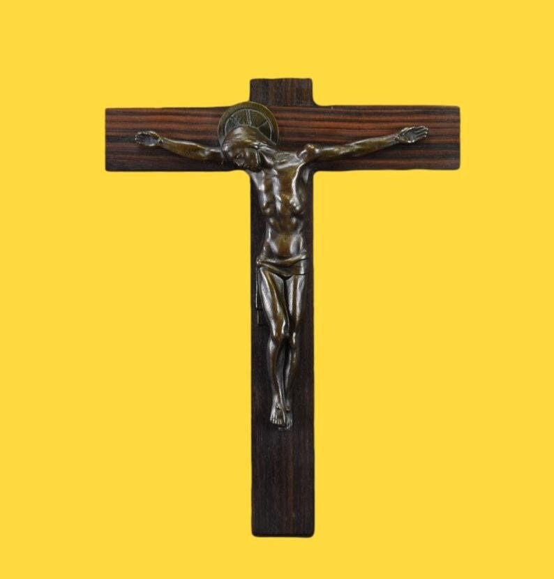 10 Art Déco Brown Patina Bronze Bois Mur Crucifix Croix Par Hartmann