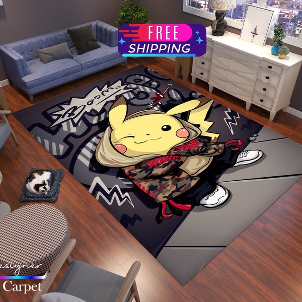 Pikachu, Pika Pika Rug, Graffiti Design Rug, Gamer Room Rug, Teen Room Rug, Salon Rug, Non-Slip Rug, Custom Design Rug, Personalized Rug