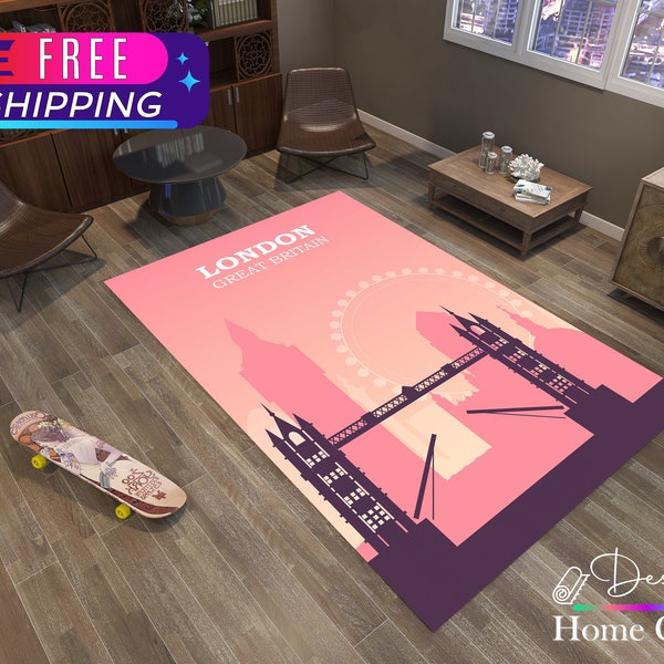 London, London Themed Rug, Modern Carpet, Custom Rug, Personalized Rug, Anti-Slip Carpet, Living Room Carpet, Salon Rug, Teen Room Rug, Art