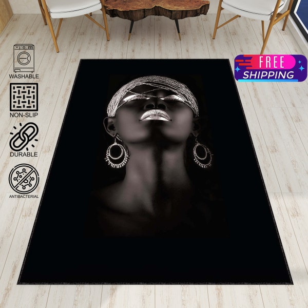 African Woman Rug, Woman Patterned Rug, Living Room Rug, Custom Rug, Area Rug, Abstract Rug, Black Color Rug, Salon Rug, Art Rug, Design Rug