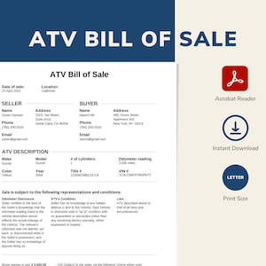 Factura de venta de ATV / Página única rellenable e imprimible / Plantilla tamaño carta / Factura de venta de motos de nieve /
