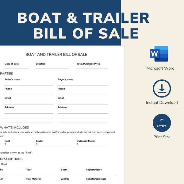 Boat and Trailer Bill of Sale Printable and Editable | Letter Size Template | 2 Page | Word Document