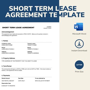 Plantilla imprimible de contrato de arrendamiento de alquiler a corto plazo (STR) / Tamaño carta / Documento de Word de 3 páginas / Fácil de editar