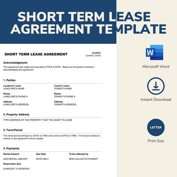 Printable Short Term Rental (STR) Lease Agreement Template | Letter Size | 3 Page Word Document | Easy to Edit