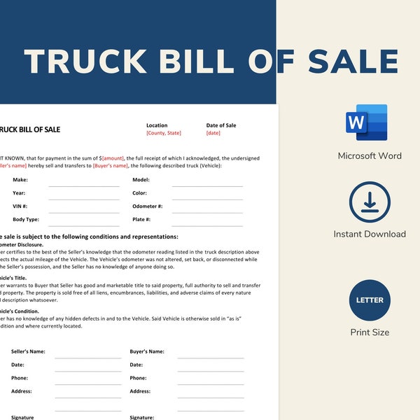 Truck Bill of Sale Template Etsy