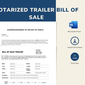 Plantilla de formulario de factura de venta de tráiler notariado / 2 páginas Microsoft Word / tamaño carta / formulario de venta imprimible y editable