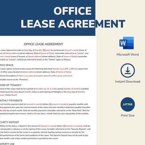 Editable Office Space Lease Agreement Contract Form Template Word Document | Letter Size | 12 Pages | Office Rental Agreement Form