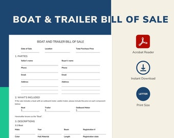 bill of sale boat and trailer as is bill of sale fillable etsy
