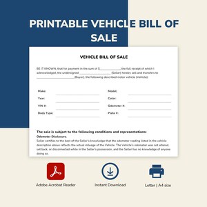 Formulario de factura de venta PDF imprimible simple para automóvil/automóvil/vehículo motorizado/Plantilla de una página imprimible y escrita a mano/Tamaños en carta y A4 de EE. UU.