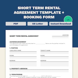 Contrato de alquiler a corto plazo imprimible + formulario de reserva incluido / Documento PDF rellenable / Tamaño carta / Plantilla de 4 páginas