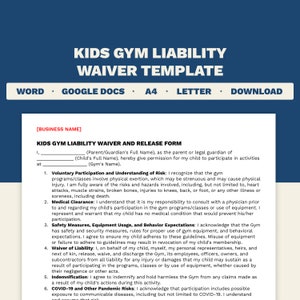 Plantilla de exención de responsabilidad de gimnasio para niños / Microsoft Word + Formato de Google Docs / Carta y tamaño de impresión A4