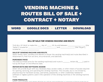 Simple Bill of Sale Vending Machine and Routes + Contract Template | Microsoft Word + Google Docs Format | Letter and A4 Print Size