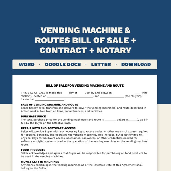 Simple Bill of Sale Vending Machine and Routes + Contract Template | Microsoft Word + Google Docs Format | Letter and A4 Print Size