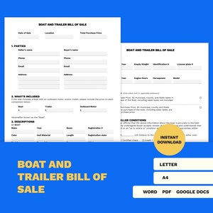 Factura de venta de embarcación / Factura de venta de embarcación y remolque imprimible y editable / Plantilla tamaño carta / 2 páginas / Documento de Word