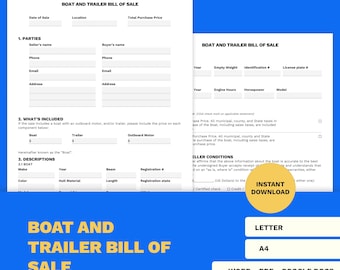 Boat Bill of Sale | Boat and Trailer Bill of Sale Printable and Editable | Letter Size Template | 2 Page | Word Document