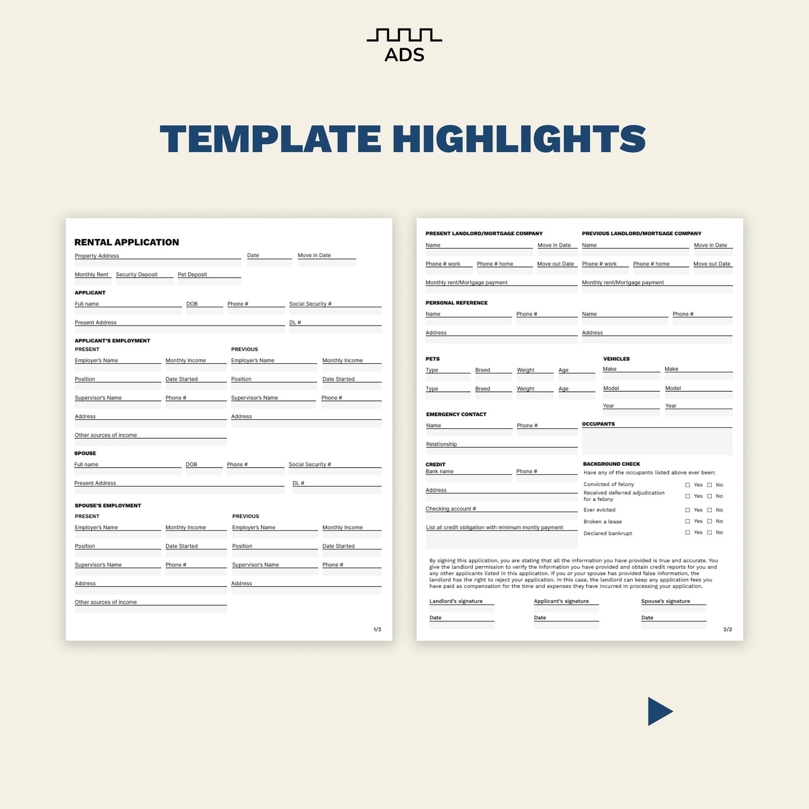 Simple Rental Application Form | 2 Page | Printable PDF - Etsy