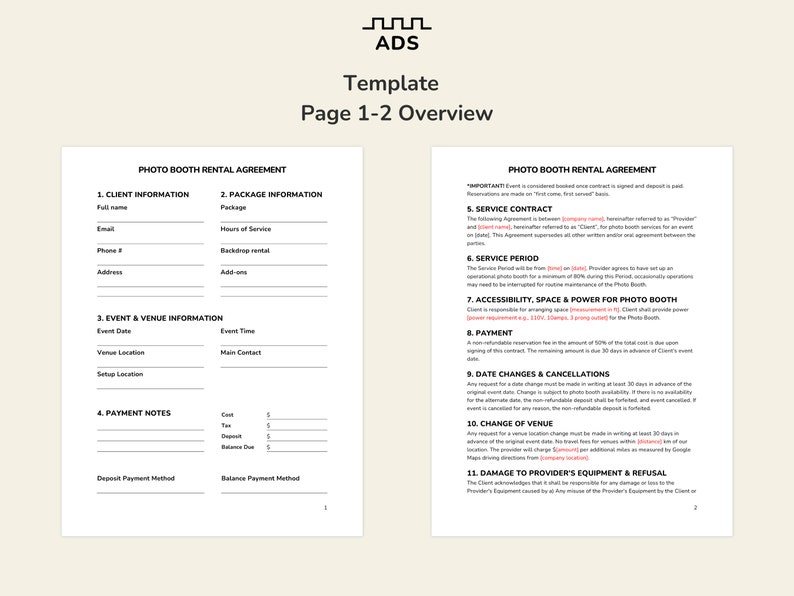 Easy Photo Booth Rental Agreement Word Template 3 Page Editable and
