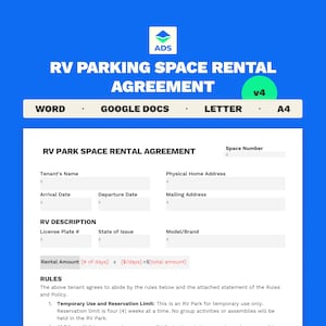 Acuerdo de alquiler de espacio de estacionamiento para vehículos recreativos / Acuerdo de alquiler de lotes para vehículos recreativos / Plantilla de Word editable e imprimible en tamaño carta / 2 páginas