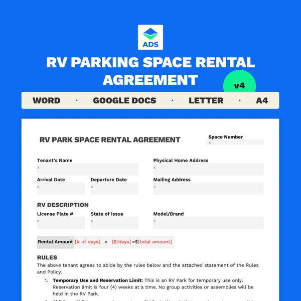 RV Parking Space Rental Agreement | RV Lot Rental Agreement | Letter Size Editable & Printable Word Template | 2 Page