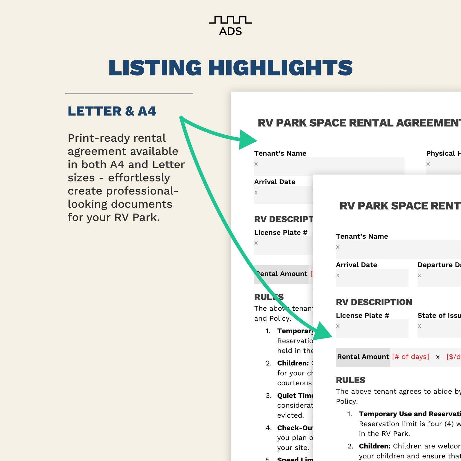 RV Parking Space Rental Agreement RV Lot Rental Agreement Letter Size ...