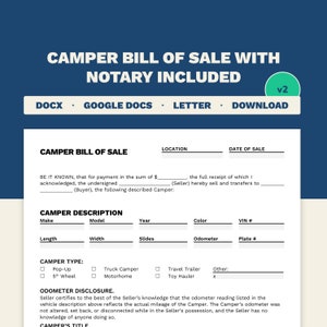 Camper Bil of Sale / Plantilla imprimible y editable / Formato Word y Google Docs / Tamaño carta