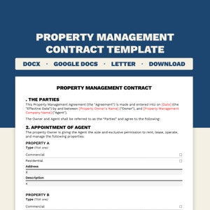 Property Management Contract Agreement Template | 8 Pages | Word and Google Docs | Customizable