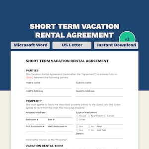 Plantilla de contrato de alquiler vacacional a corto plazo / Contrato de alquiler de casa vacacional / Documento de Word tamaño carta de 11 páginas / Acuerdo VRBO Airbnb