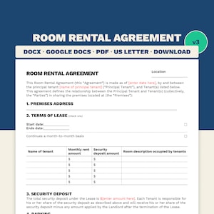Plantilla de contrato de alquiler de habitación / Contrato de arrendamiento de habitación / Word + Google Docs + PDF / Tamaño carta / Formulario de 5 páginas