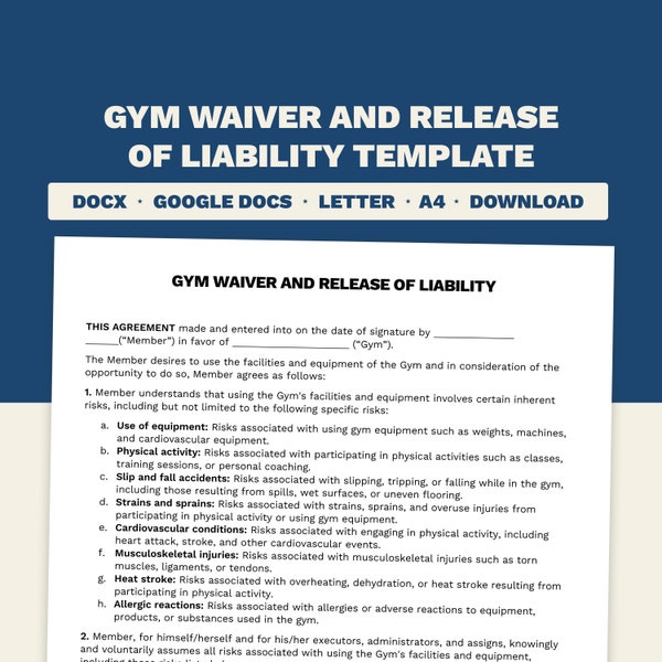 Gym, Fitness Center Liability Waiver Form | Microsoft Word and Google Docs Template | Letter & A4 Size