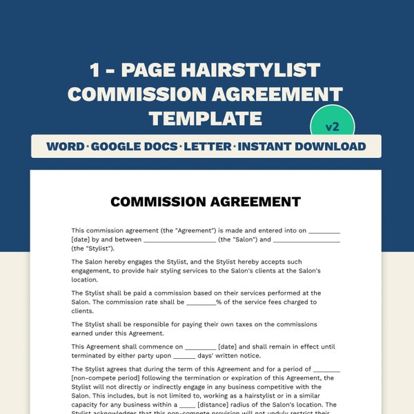 1 Page Commission Agreement for Hair Stylist | Salon Commission Agreement | Salon Employee Contract | Letter Size | Word Template