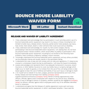 Bounce House Waiver of Liability Form | Letter size Word Template